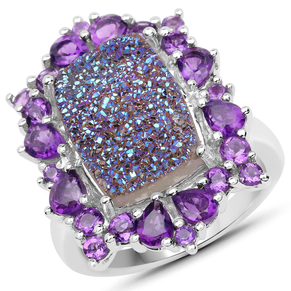 5.97 Carat Genuine Drusy Quartz and Amethyst .925 Sterling Silver Ring