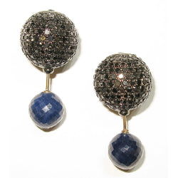 14k Gold 925 Silver Black Diamond Pave Blue Sapphire Tunnel Stud Earrings