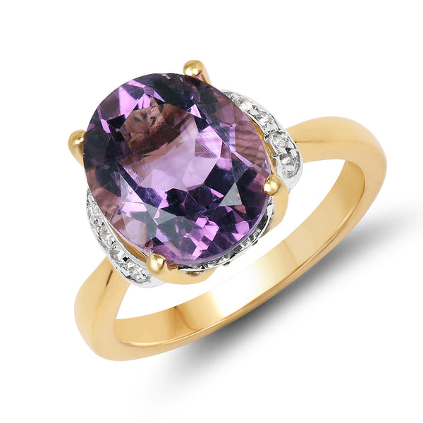14K Yellow Gold Plated 3.93 Carat Genuine Amethyst & White Topaz .925 Sterling Silver Ring