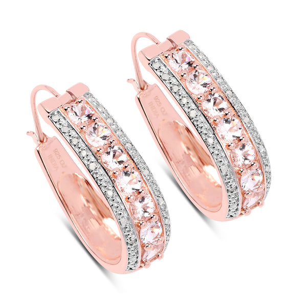 14K Rose Gold Plated 3.70 Carat Genuine Morganite And White Diamond .925 Sterling Silver Earrings