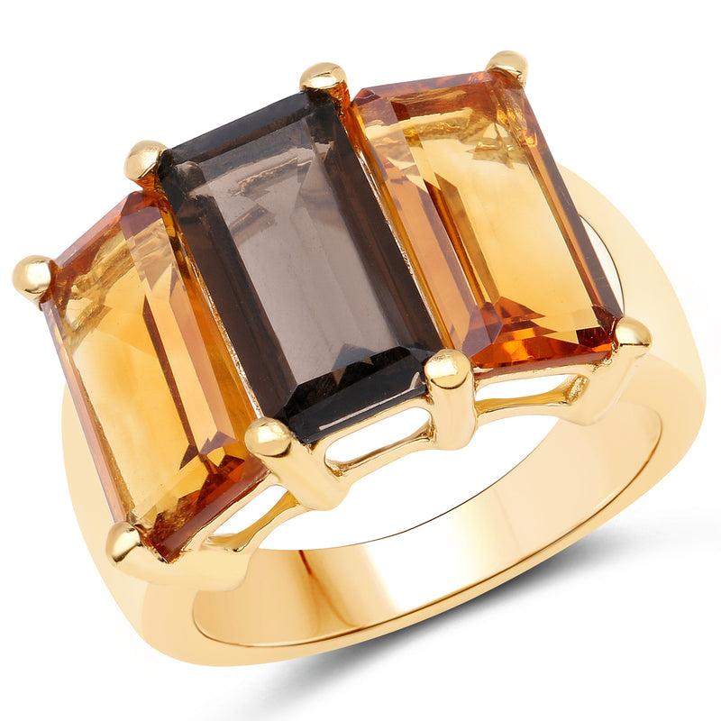 14K Yellow Gold Plated 8.14 Carat Genuine Smoky Quartz, Citrine and Champagne Quartz .925 Sterling Silver Ring