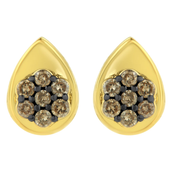 10K Yellow Gold Plated .925 Sterling Silver 1/2 Cttw Prong Set Round-Cut Diamond Floral Cluster Stud Earring (Champagne Color, I1-I2 Clarity)