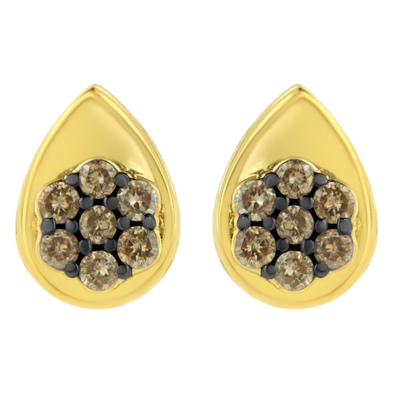 10K Yellow Gold Plated .925 Sterling Silver 1/2 Cttw Prong Set Round-Cut Diamond Floral Cluster Stud Earring (Champagne Color, I1-I2 Clarity)