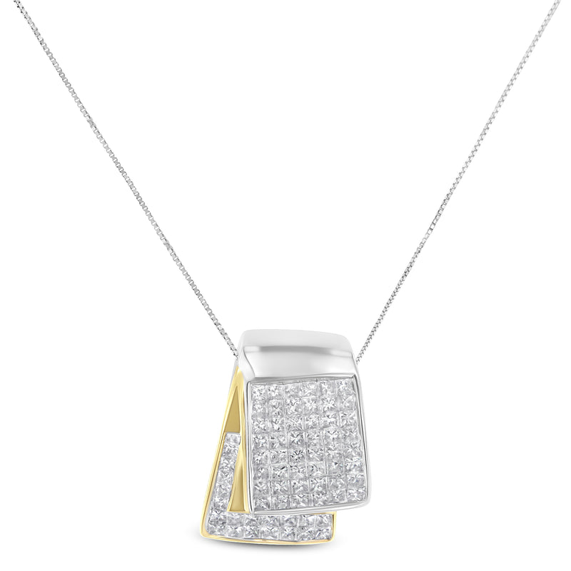 14K White and Yellow Gold 2.0 Cttw Princess Cut Diamond Two Tone Foldover Box Pendant 18” Box Chain Necklace (H-I Color, SI1-SI2 Clarity)