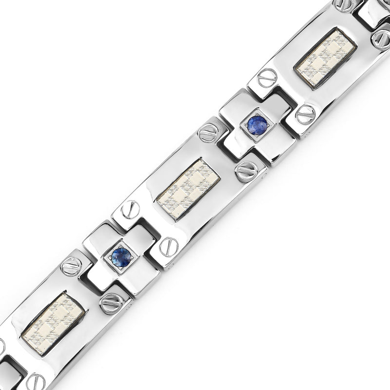 Titanium Men's Bracelet, Mens Titanium Bracelet with Silver Plated Steel Inlay, 0.56ctw. Natural Blue Sapphire Rounds