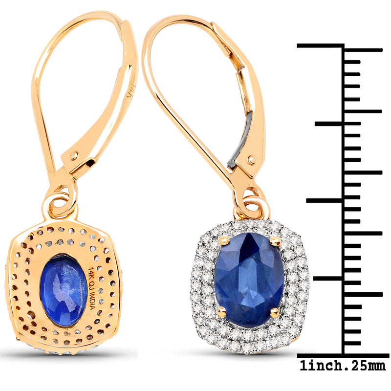 2.36 Carat Genuine Blue Sapphire and White Diamond 14K Yellow Gold Earrings