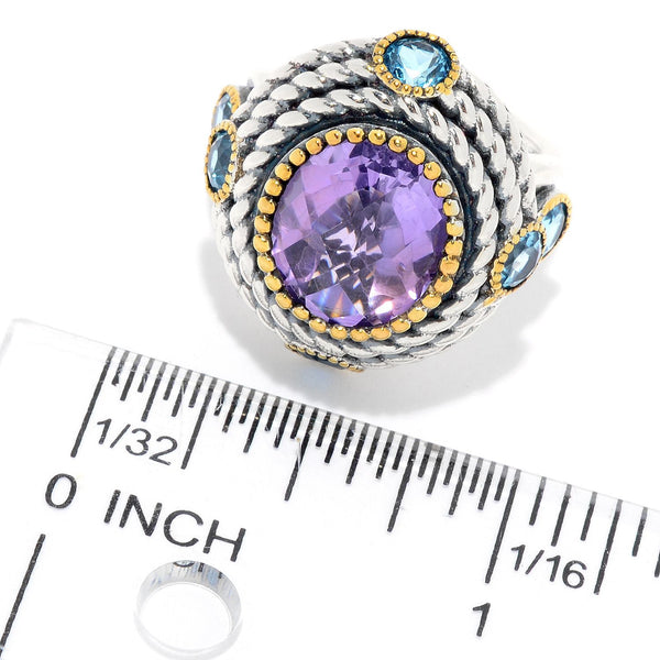 925 Sterling Silver Women Cocktail Ring Pink Amethyst and Blue Topaz