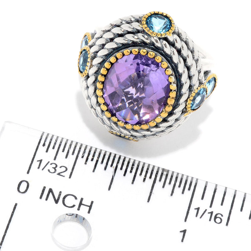925 Sterling Silver Women Cocktail Ring Pink Amethyst and Blue Topaz