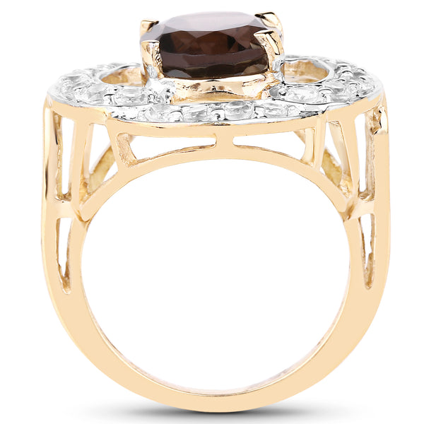 14K Yellow Gold Plated 3.87 Carat Genuine Smoky Quartz and White Topaz .925 Sterling Silver Ring