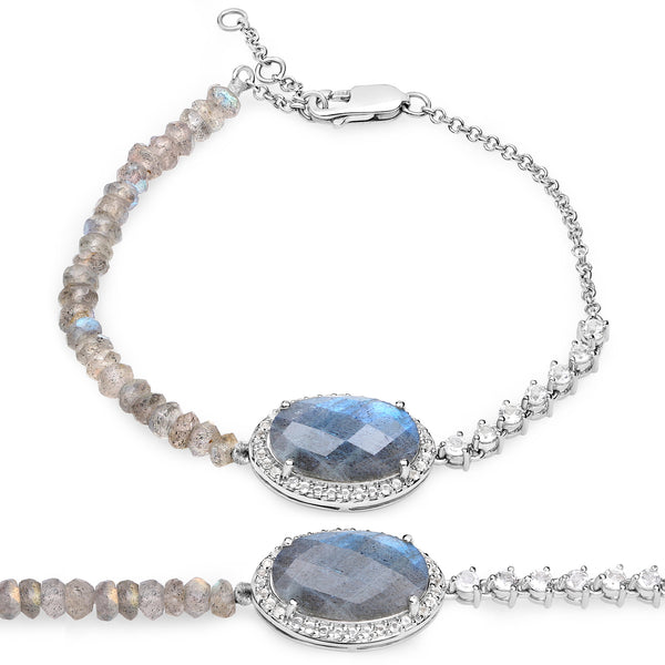 17.49 Carat Genuine Labradorite and White Topaz .925 Sterling Silver Bracelet