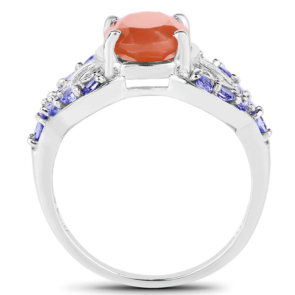 3.06 Carat Genuine Peach Moonstone and Tanzanite .925 Sterling Silver Ring
