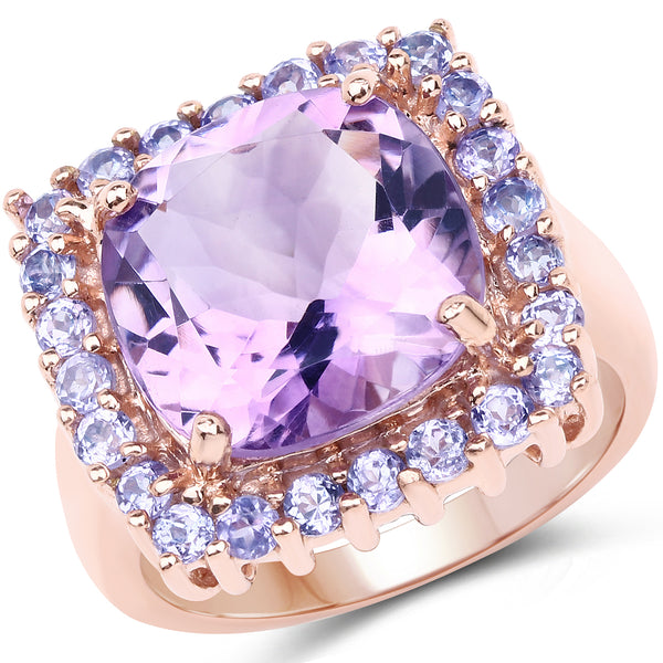 14K Rose Gold Plated 6.53 Carat Genuine Amethyst and Tanzanite Brass Ring