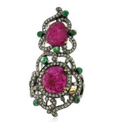 Emerald Ruby Pave Diamond 18k Gold Long Ring 925 Sterling Silver Jewelry