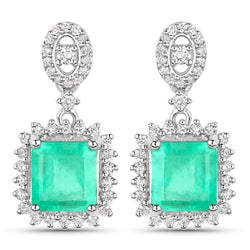 2.16 Carat Genuine Colombian Emerald and White Diamond 14K White Gold Earrings