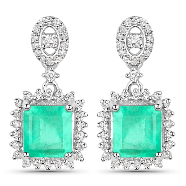 2.16 Carat Genuine Colombian Emerald and White Diamond 14K White Gold Earrings