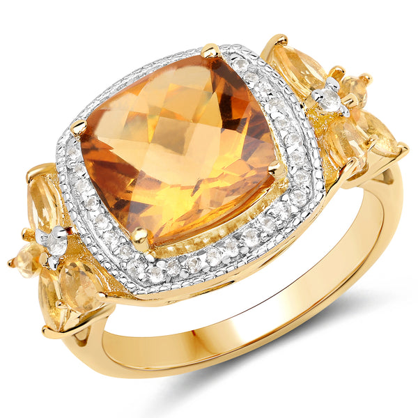 14K Yellow Gold Plated 4.23 Carat Genuine Citrine and White Topaz .925 Sterling Silver Ring