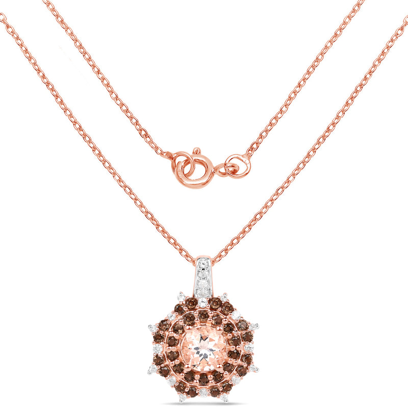 18K Rose Gold Plated 1.61 Carat Genuine Morganite, Smoky Quartz and White Zircon .925 Sterling Silver Pendant