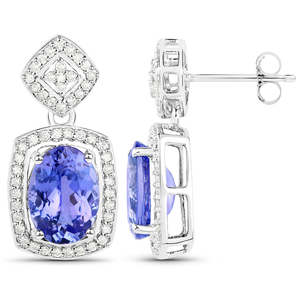 14K White Gold 5.29 Carat Genuine Tanzanite and White Diamond Earrings