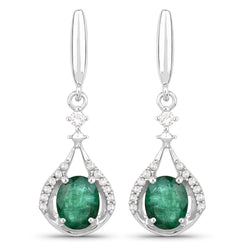 0.70 Carat Genuine Zambian Emerald and White Diamond 14K White Gold Earrings