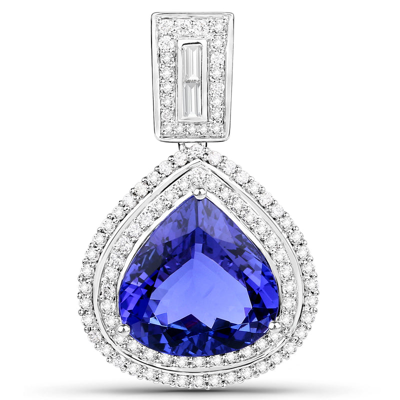 9.81 Carat Genuine Tanzanite and White Diamond 18K White Gold Pendant