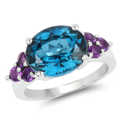 6.60 Carat Genuine London Blue Topaz & Amethyst .925 Sterling Silver Ring