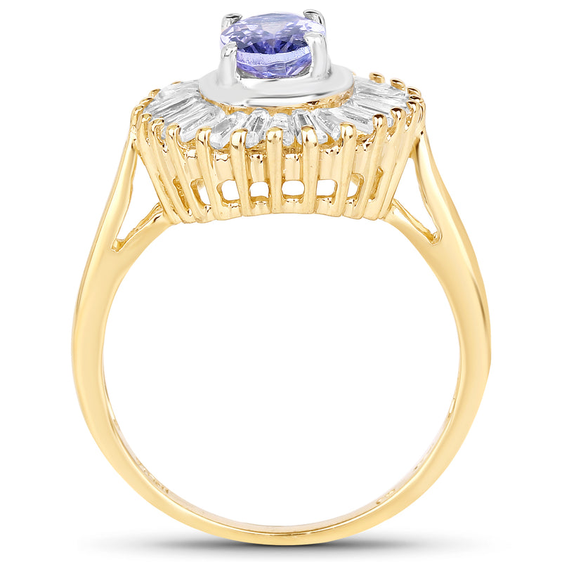 14K Yellow Gold Plated 2.16 Carat Genuine Tanzanite & White Topaz .925 Sterling Silver Ring