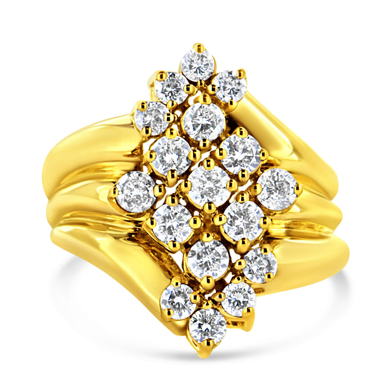 10K Yellow Gold 1 1/2 Cttw Diamond Cluster Tapered Shank Cocktail Ring Cocktail Ring (I-J Color, I1-I2 Clarity) - Ring Size 7