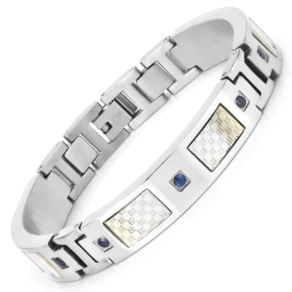 Titanium Men's Bracelet, Mens Titanium Bracelet with Silver Plated Steel Inlay, 0.72ctw. Natural Blue Sapphire Rounds