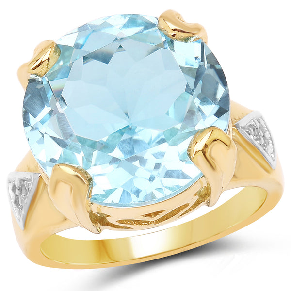 14K Yellow Gold Plated 12.98 Carat Genuine Blue Topaz and White Topaz .925 Sterling Silver Ring