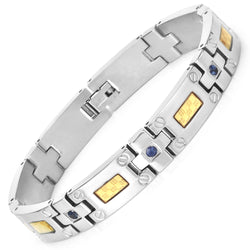 Titanium Men's Bracelet, Mens Titanium Bracelet with Gold Plated Steel Inlay, 0.56ctw. Natural Blue Sapphire Rounds