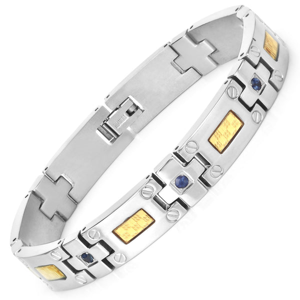 Titanium Men's Bracelet, Mens Titanium Bracelet with Gold Plated Steel Inlay, 0.56ctw. Natural Blue Sapphire Rounds