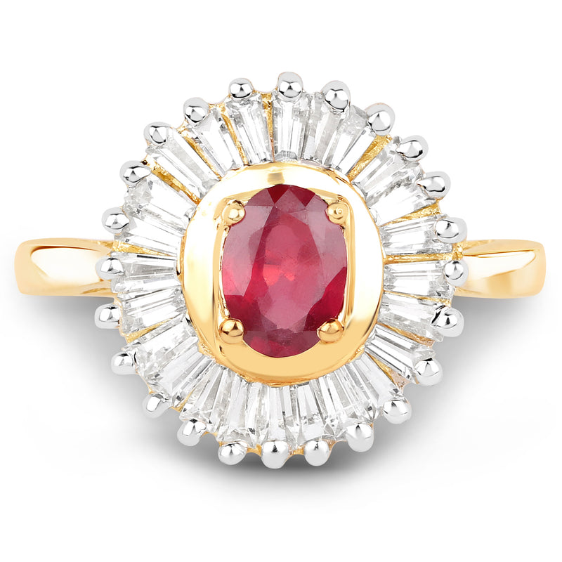 14K Yellow Gold Plated 2.44 Carat Glass Filled Ruby and White Topaz .925 Sterling Silver Ring