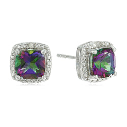 925 Sterling Silver Women Halo Cushion Stud Earring Mystic Topaz