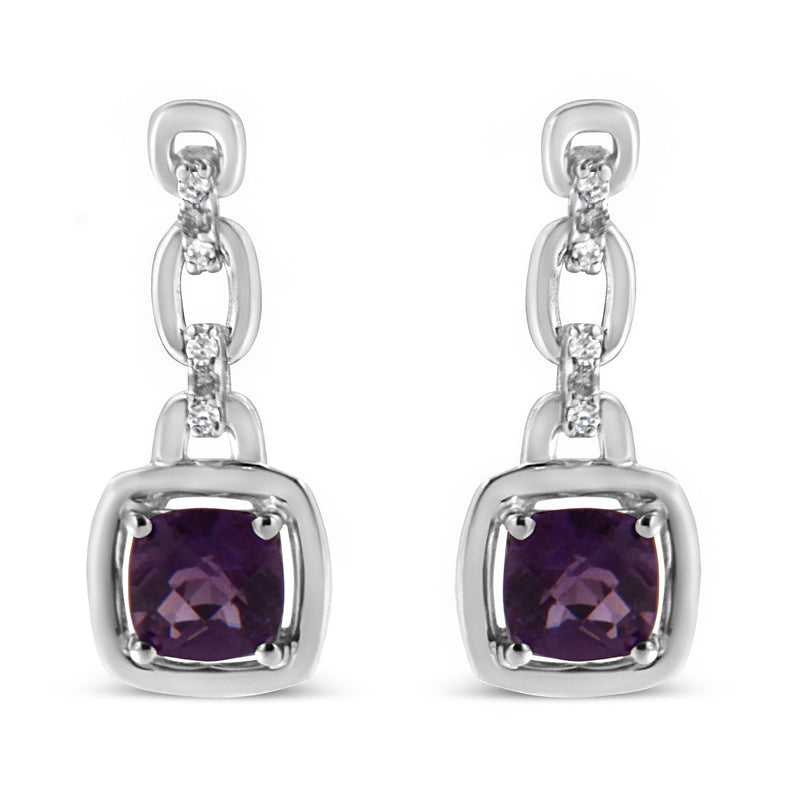 .925 Sterling Silver 6x6MM Cushion Shaped Natural Purple Amethyst and Diamond Accent Drop and Dangle Earrings (I-J Color, I1-I2 Clarity)