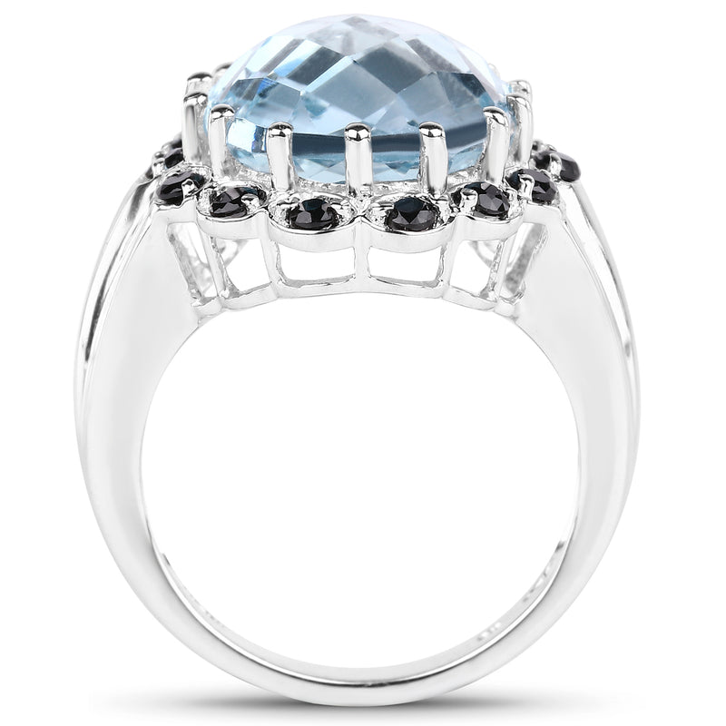 12.49 Carat Genuine Blue Topaz & Black Spinel .925 Sterling Silver Ring