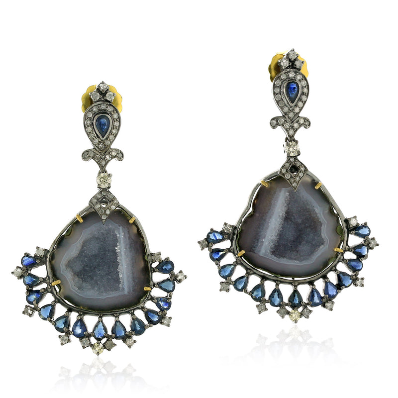 Pave Diamond 18k Gold Gemstone Dangle Earrings 925 Sterling Silver Jewelry