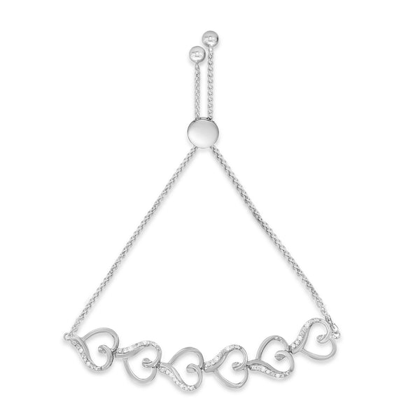 .925 Sterling Silver Diamond Accented Open Hearts 6”-9” Adjustable Chain Bolo Bracelet (H-I Color, I2-I3 Clarity)