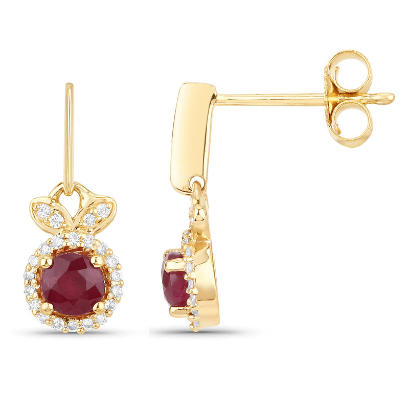 0.73 Carat Genuine Ruby and White Diamond 14K Yellow Gold Earrings