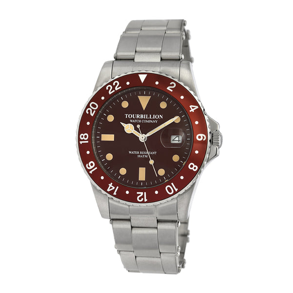 TOURBILLION WATCH COMPANY VINTAGE COLLECTION WATCH SILVER CASE BROWN DIAL WITH INDEX AND BROWN ALUMINUM BEZEL WITH STAINLESS STEEL EXPANDABLE STRAP