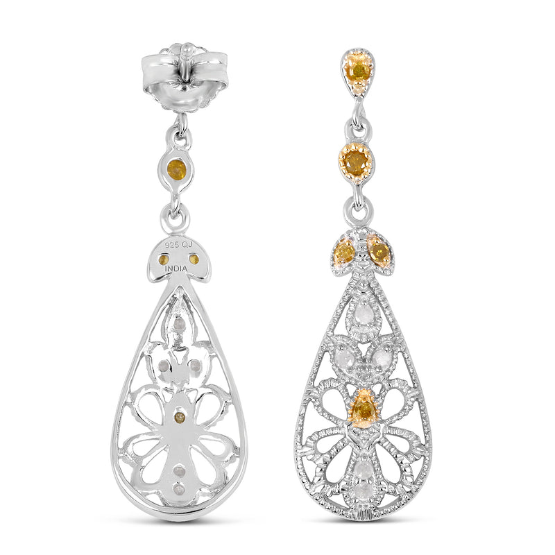 0.33 Carat Genuine White Diamond and Yellow Diamond .925 Sterling Silver Earrings