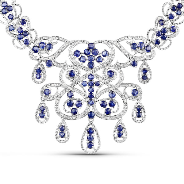 26.37 Carat Genuine Glass Filled Sapphire and White Diamond .925 Sterling Silver Necklace
