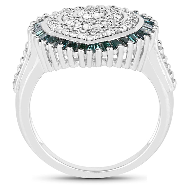 0.74 Carat Genuine White Diamond and Green Diamond .925 Sterling Silver Ring