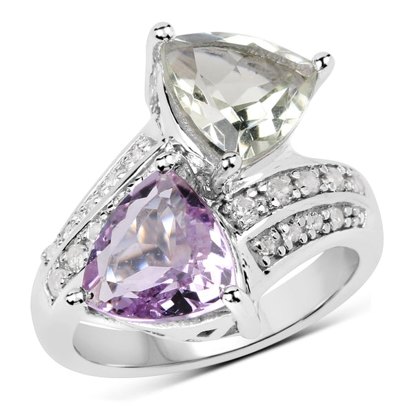 "4.80 Carat Genuine Pink Amethyst, Green Amethyst and White Topaz .925 Sterling Silver Ring