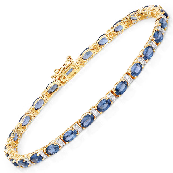 8.07 Carat Genuine Blue Sapphire and White Diamond 14K Yellow Gold Bracelet