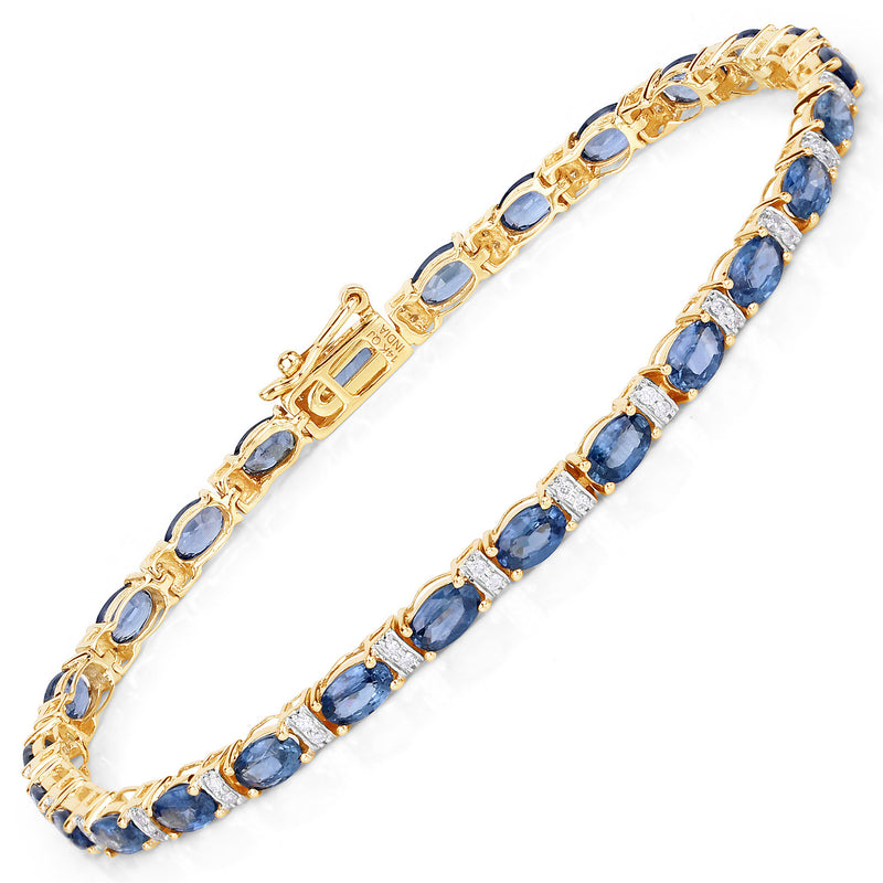 8.07 Carat Genuine Blue Sapphire and White Diamond 14K Yellow Gold Bracelet