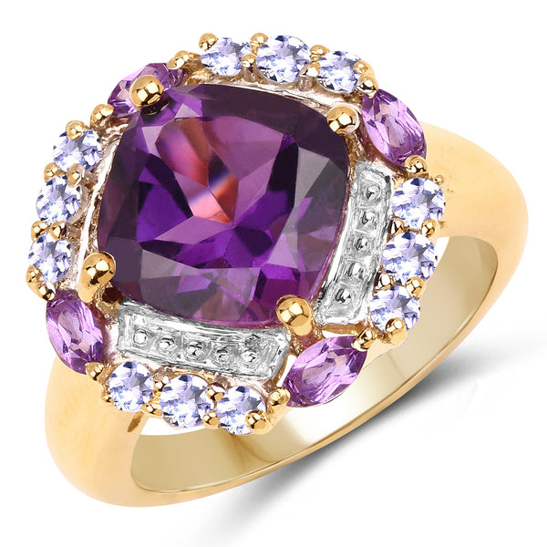 14K Yellow Gold Plated 3.86 Carat Genuine Amethyst & Tanzanite .925 Sterling Silver Ring