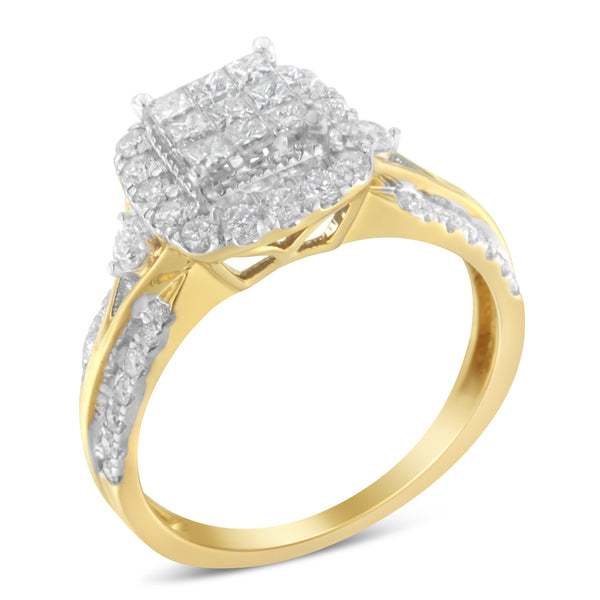 10K Yellow Gold 1.0 Cttw Diamond Composite Cushion-Shape Halo 3-Band-Look Engagement Ring (H-I Color, SI1-SI2 Clarity) - Size 6-1/4