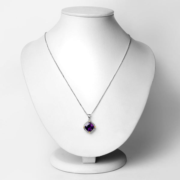 3.20 Carat Genuine Amethyst and White Diamond 18K Yellow Gold with .925 Sterling Silver Pendant