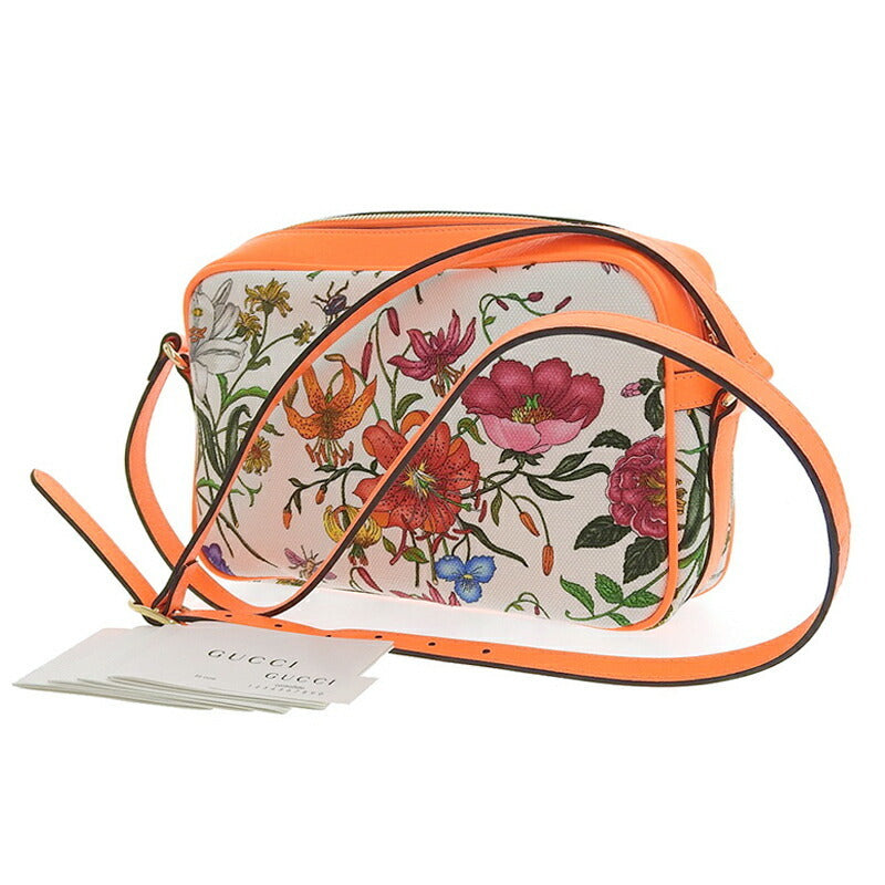 Gucci Flora Womens CanvasLeather Shoulder Bag OrangeWhite