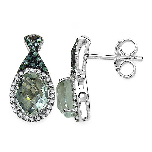 2.55 Carat Genuine Green Amethyst, Green Diamond & White Diamond .925 Sterling Silver Earrings